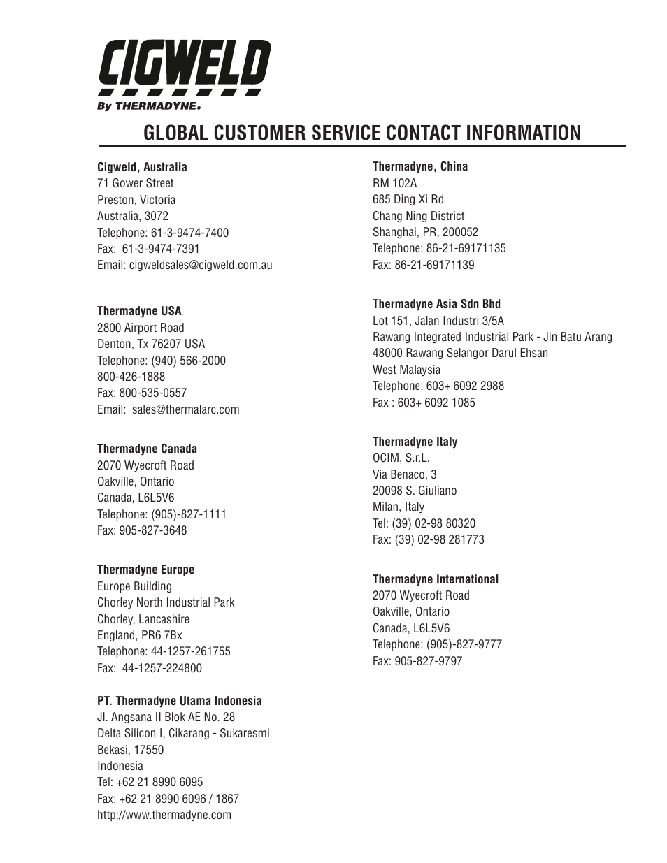 Global customer service contact information | Tweco 2RT Transmig User Manual | Page 53 / 54