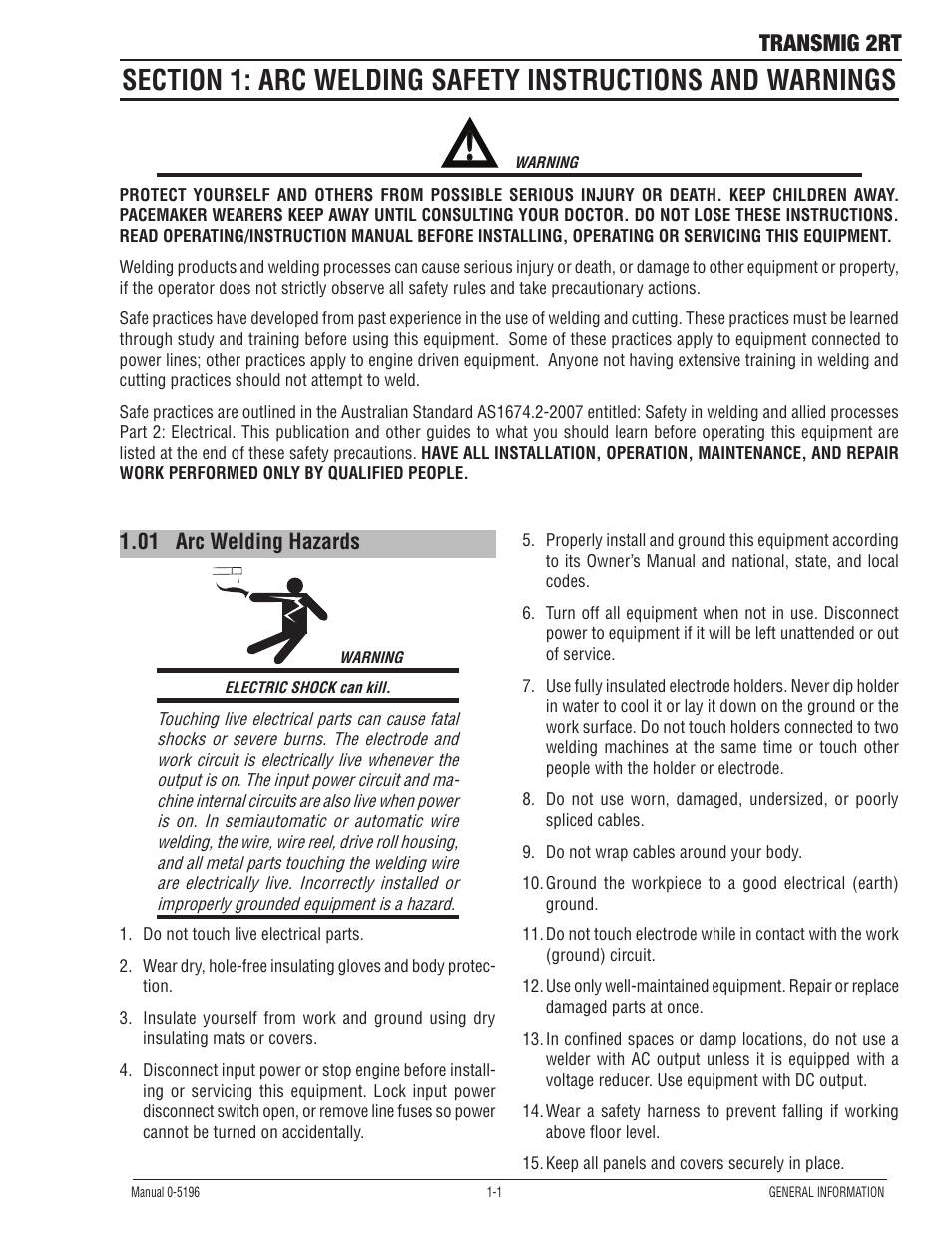 01 arc welding hazards, Arc welding hazards -1, Transmig 2rt | Tweco 2RT Transmig User Manual | Page 7 / 54