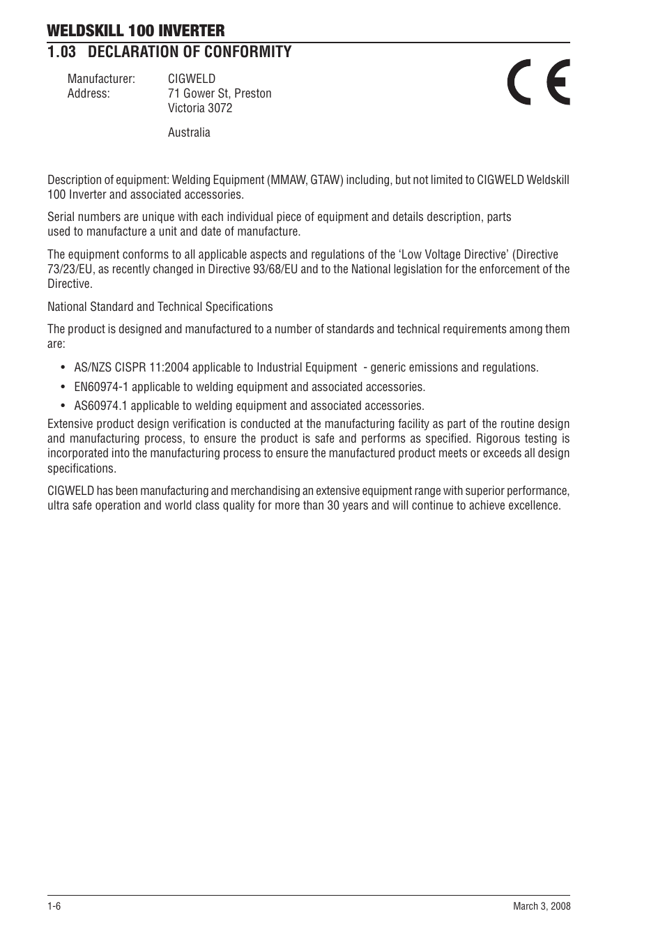 Weldskill 100 inverter, 03 declaration of conformity | Tweco 100 Weldskill User Manual | Page 12 / 44