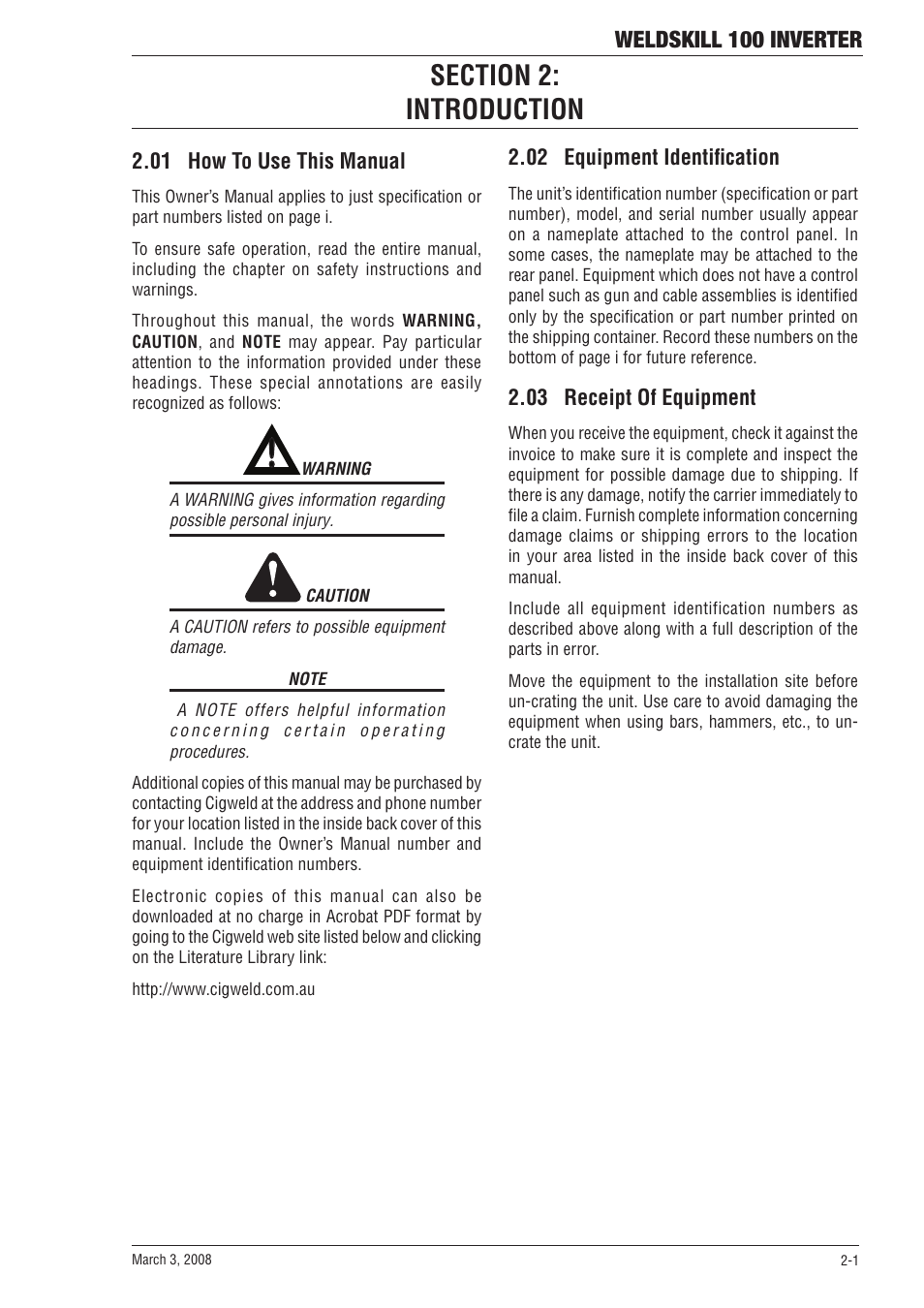 Weldskill 100 inverter, 02 equipment identification, 03 receipt of equipment | 01 how to use this manual | Tweco 100 Weldskill User Manual | Page 13 / 44