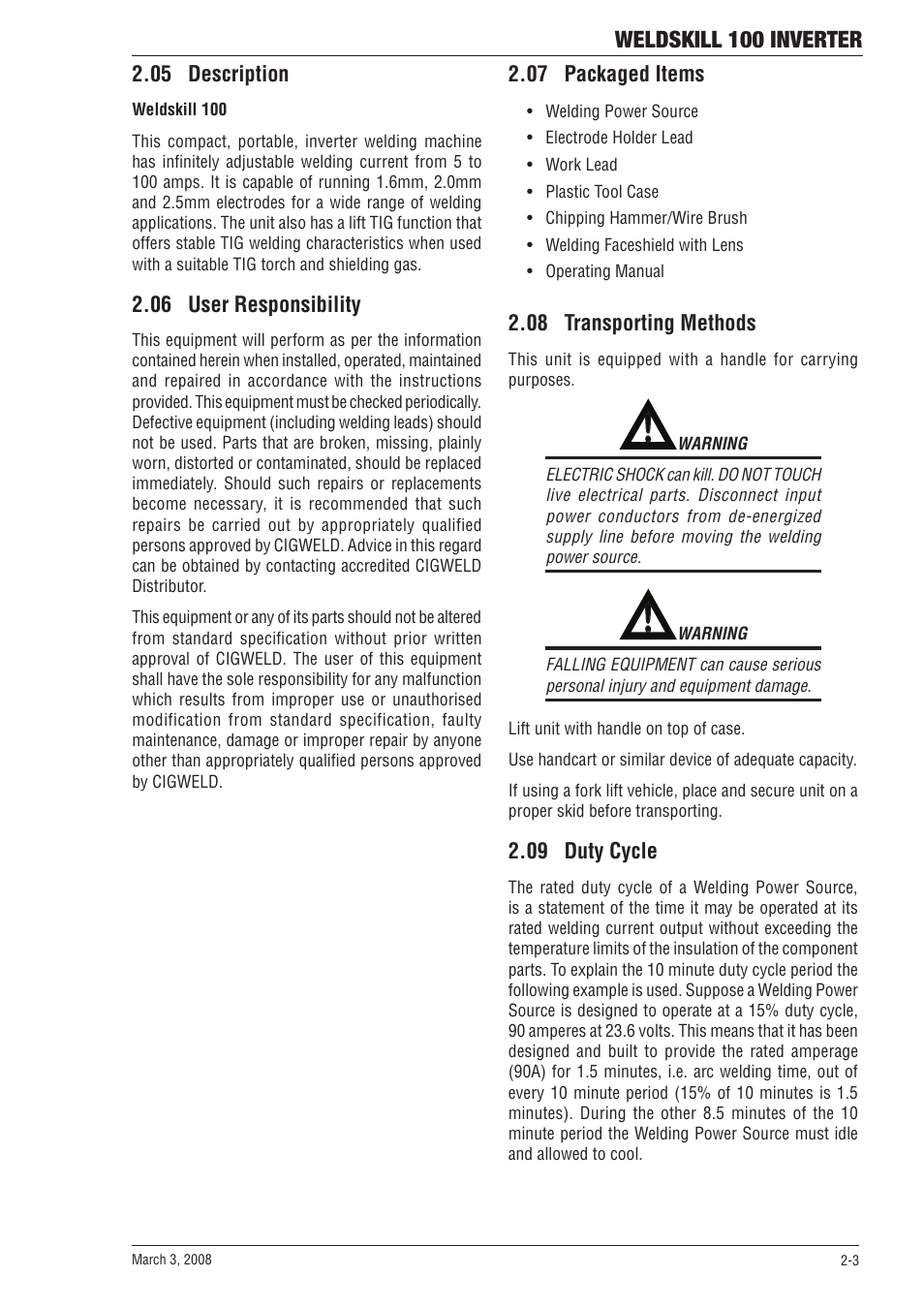 Weldskill 100 inverter, 05 description, 06 user responsibility | 07 packaged items, 08 transporting methods, 09 duty cycle | Tweco 100 Weldskill User Manual | Page 15 / 44