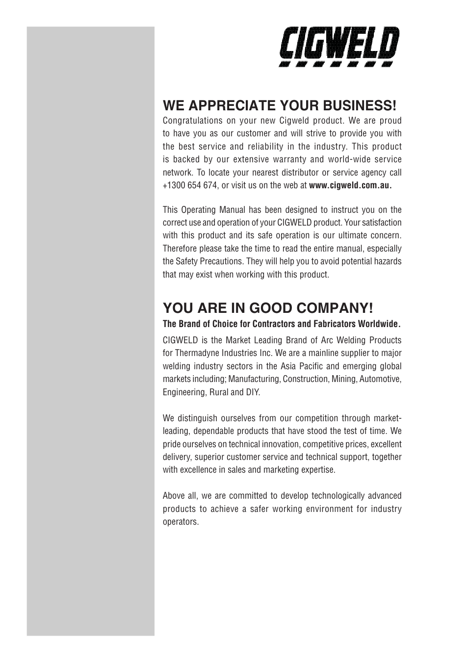 We appreciate your business, You are in good company | Tweco 100 Weldskill User Manual | Page 2 / 44