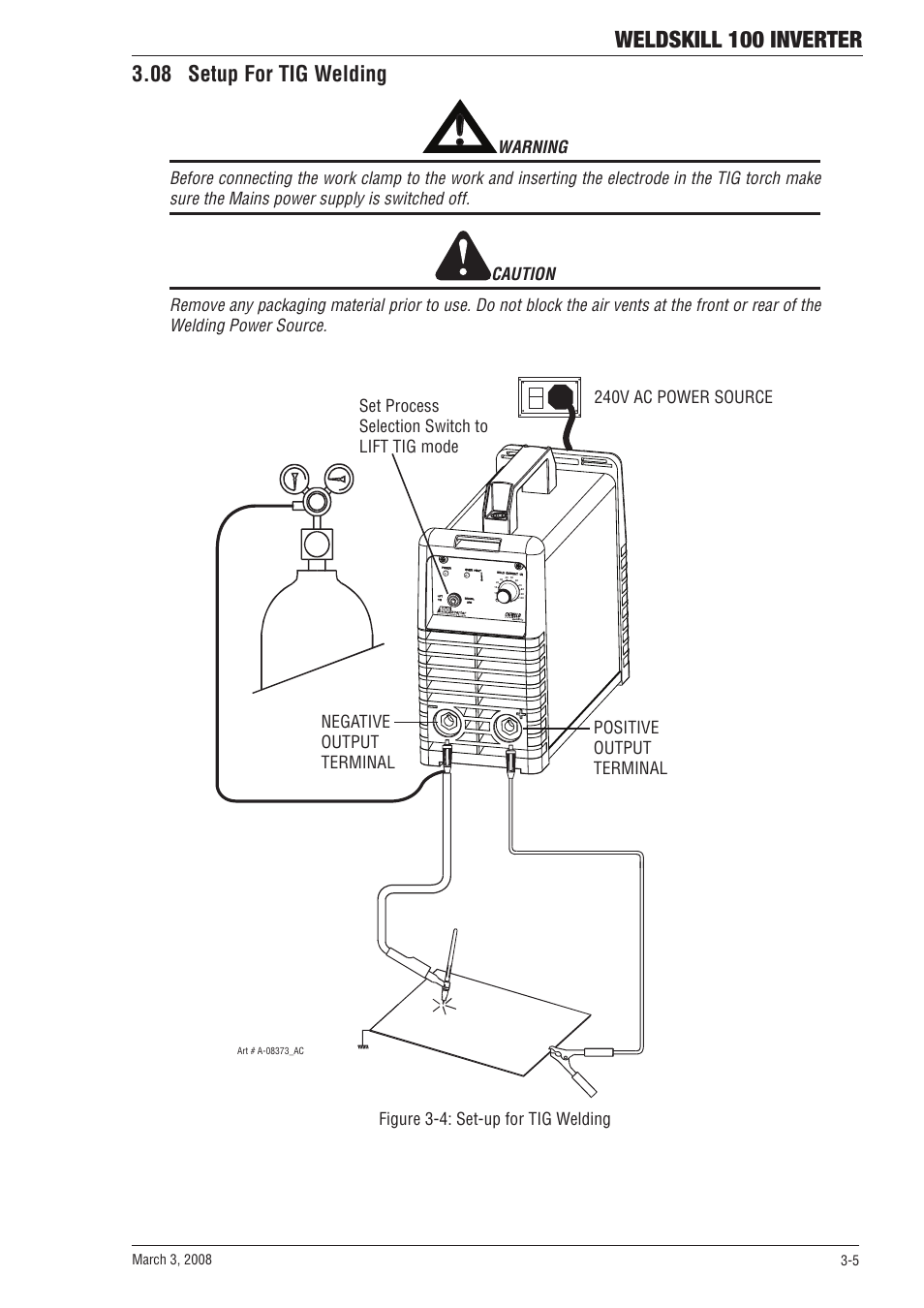 Weldskill 100 inverter, 08 setup for tig welding, 240v ac power source | Figure 3-4: set-up for tig welding | Tweco 100 Weldskill User Manual | Page 21 / 44