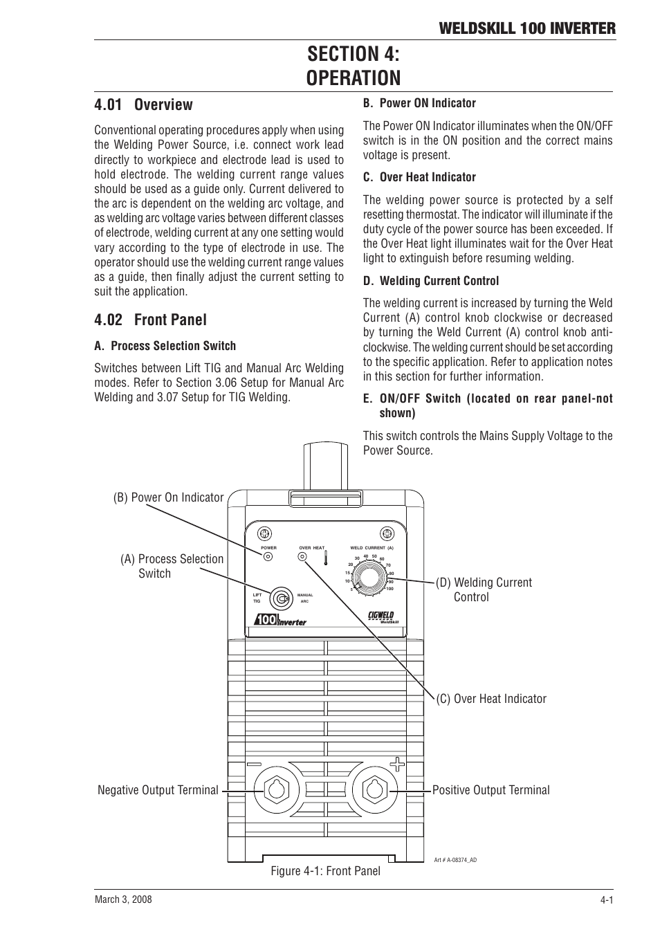 Weldskill 100 inverter, 01 overview, 02 front panel | Tweco 100 Weldskill User Manual | Page 23 / 44