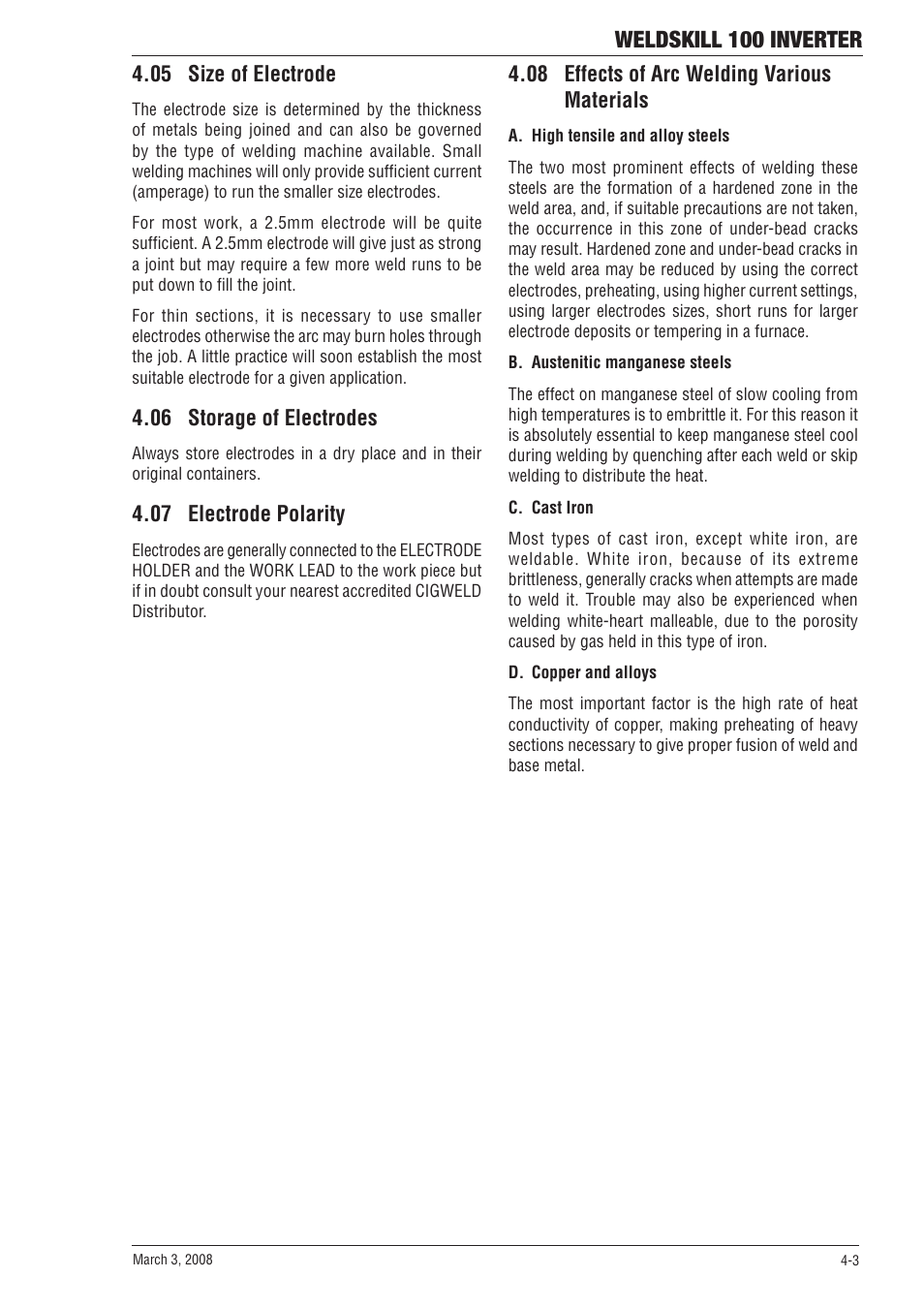 Weldskill 100 inverter, 05 size of electrode, 06 storage of electrodes | 07 electrode polarity, 08 effects of arc welding various materials | Tweco 100 Weldskill User Manual | Page 25 / 44