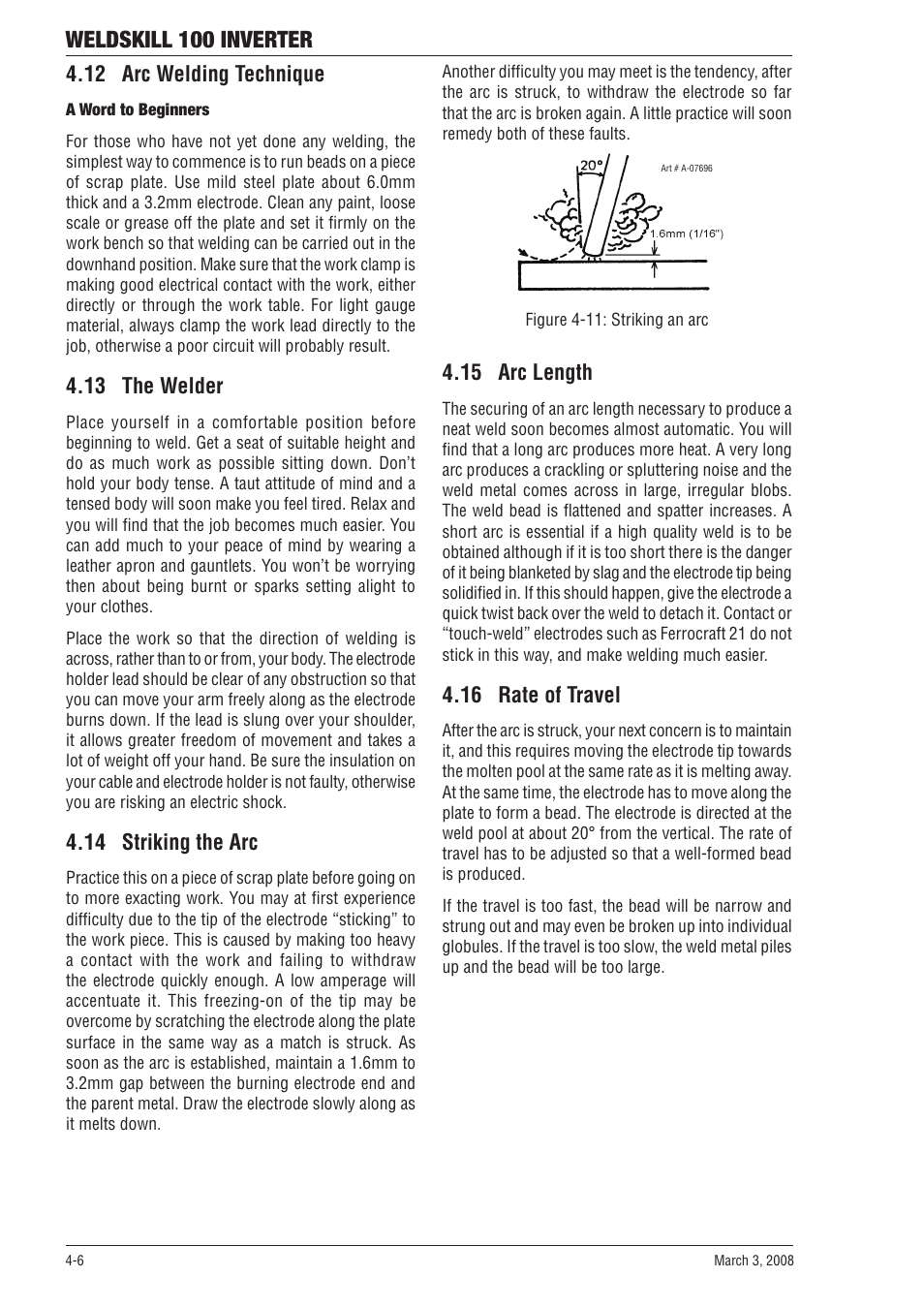 Weldskill 100 inverter, 12 arc welding technique, 13 the welder | 14 striking the arc, 15 arc length, 16 rate of travel | Tweco 100 Weldskill User Manual | Page 28 / 44