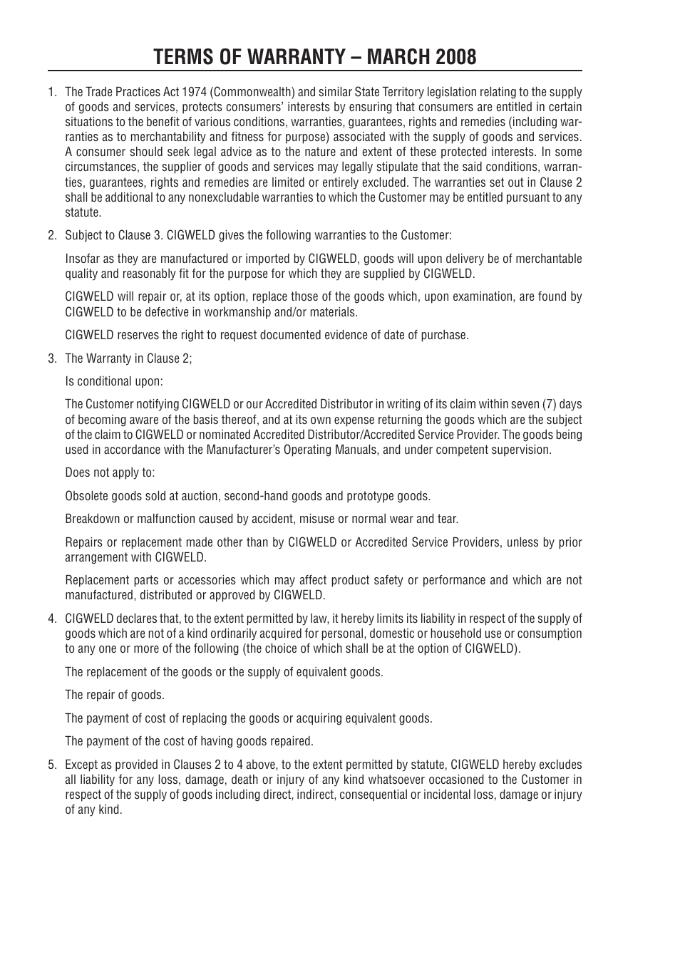 Terms of warranty – march 2008 | Tweco 100 Weldskill User Manual | Page 40 / 44
