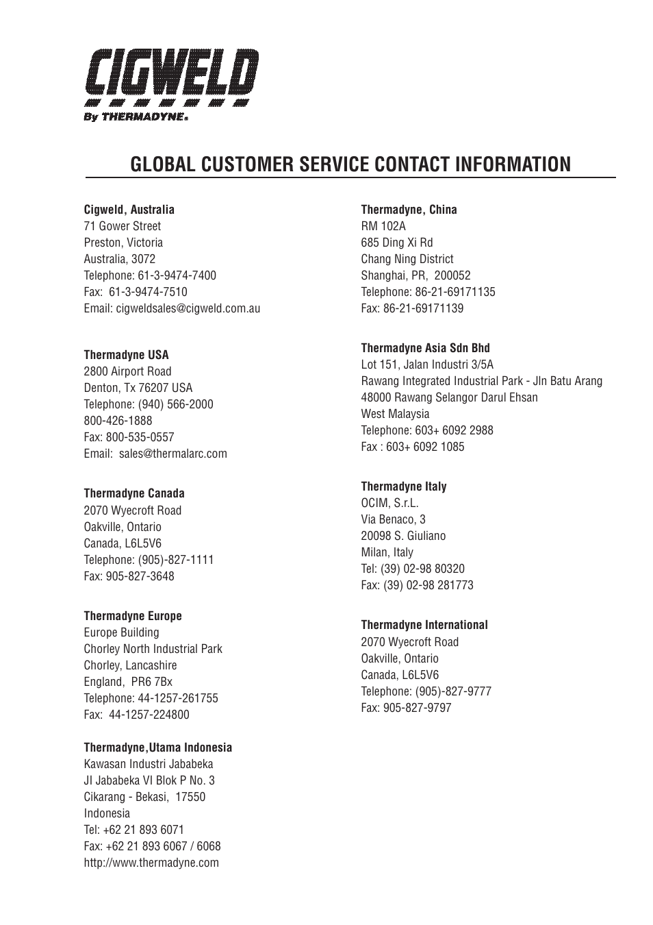 Global customer service contact information | Tweco 100 Weldskill User Manual | Page 43 / 44