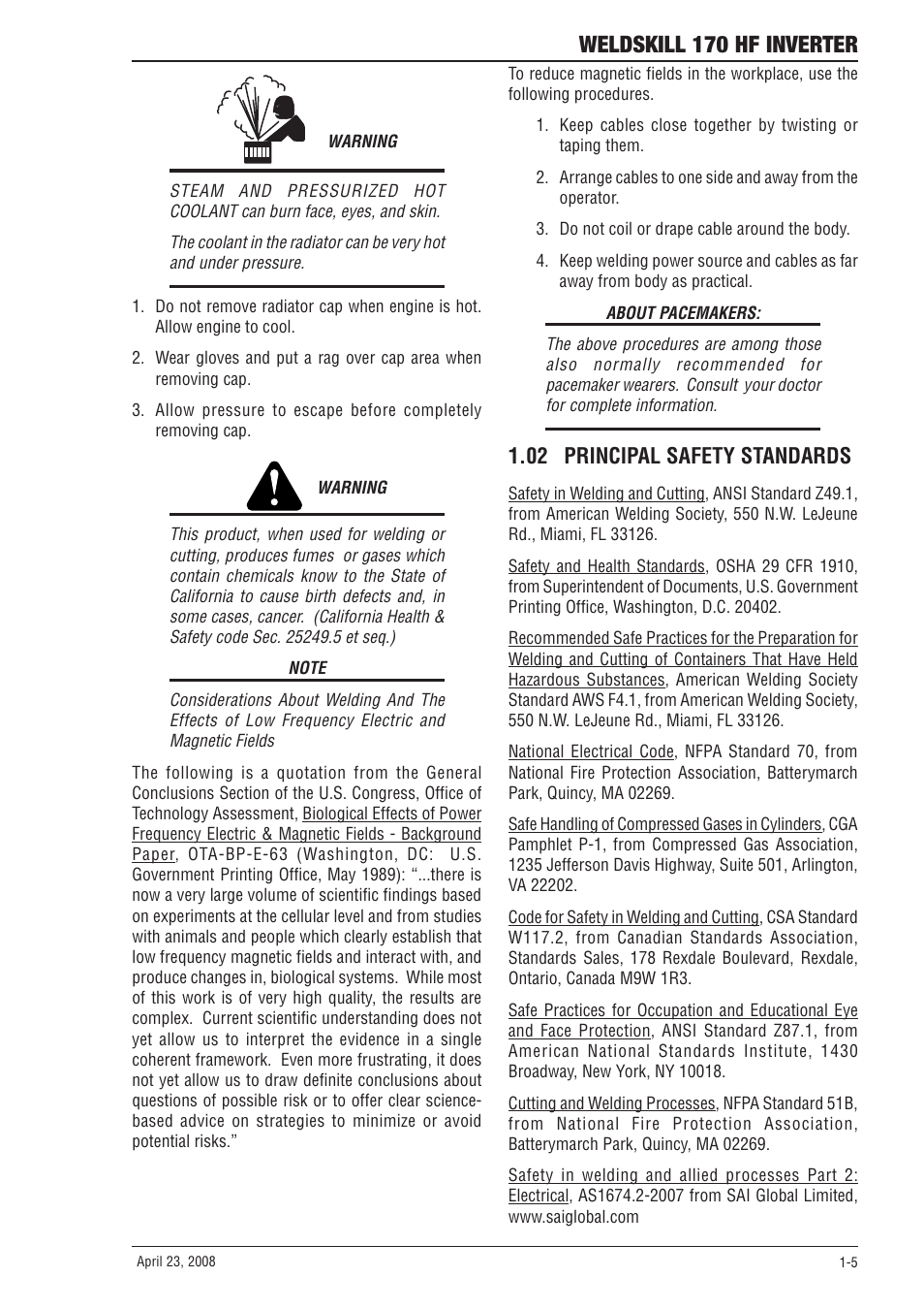 02 principal safety standards, 02 principal safety standards -5, Weldskill 170 hf inverter | Tweco 170 HF Weldskill User Manual | Page 11 / 48