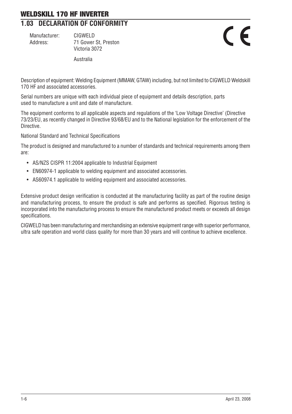 03 declaration of conformity, 03 declaration of conformity -6, Weldskill 170 hf inverter | Tweco 170 HF Weldskill User Manual | Page 12 / 48