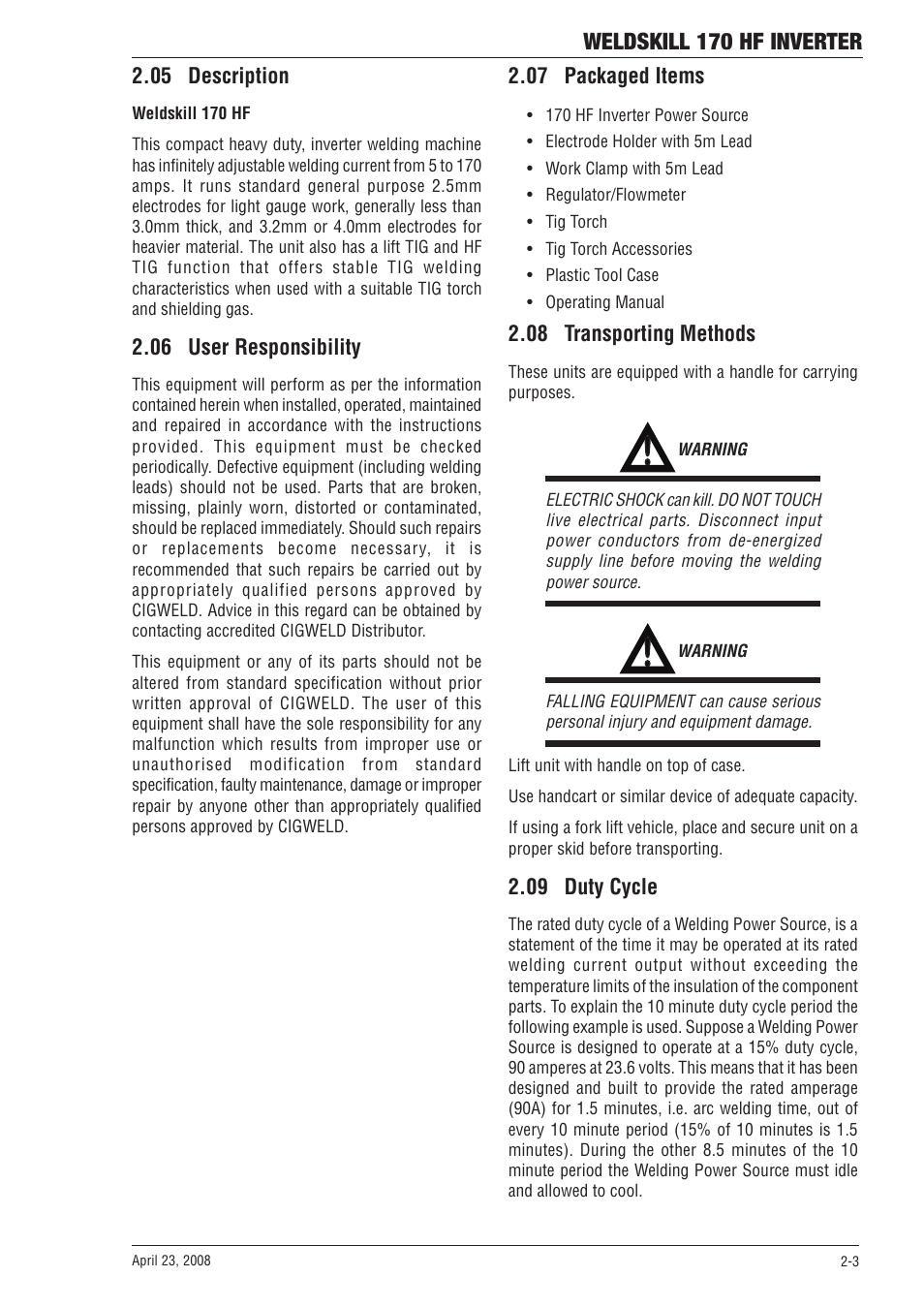 05 description, 06 user responsibility, 07 packaged items | 08 transporting methods, 09 duty cycle, Weldskill 170 hf inverter | Tweco 170 HF Weldskill User Manual | Page 15 / 48