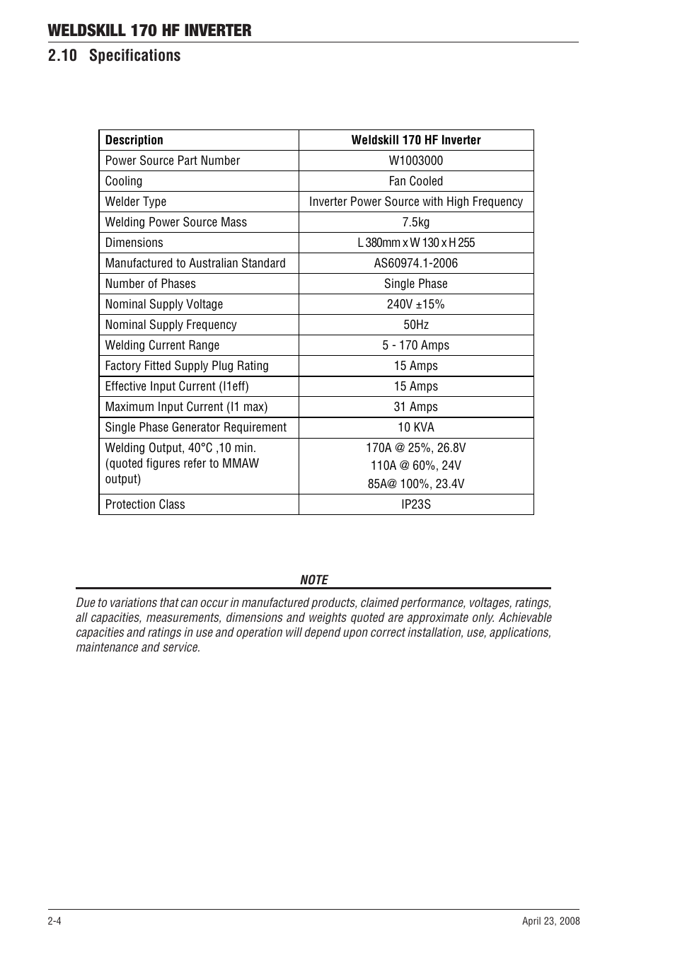 10 specifications, Weldskill 170 hf inverter | Tweco 170 HF Weldskill User Manual | Page 16 / 48