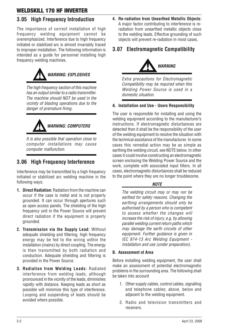 06 high frequency interference, 07 electromagnetic compatibility, Weldskill 170 hf inverter | Tweco 170 HF Weldskill User Manual | Page 18 / 48