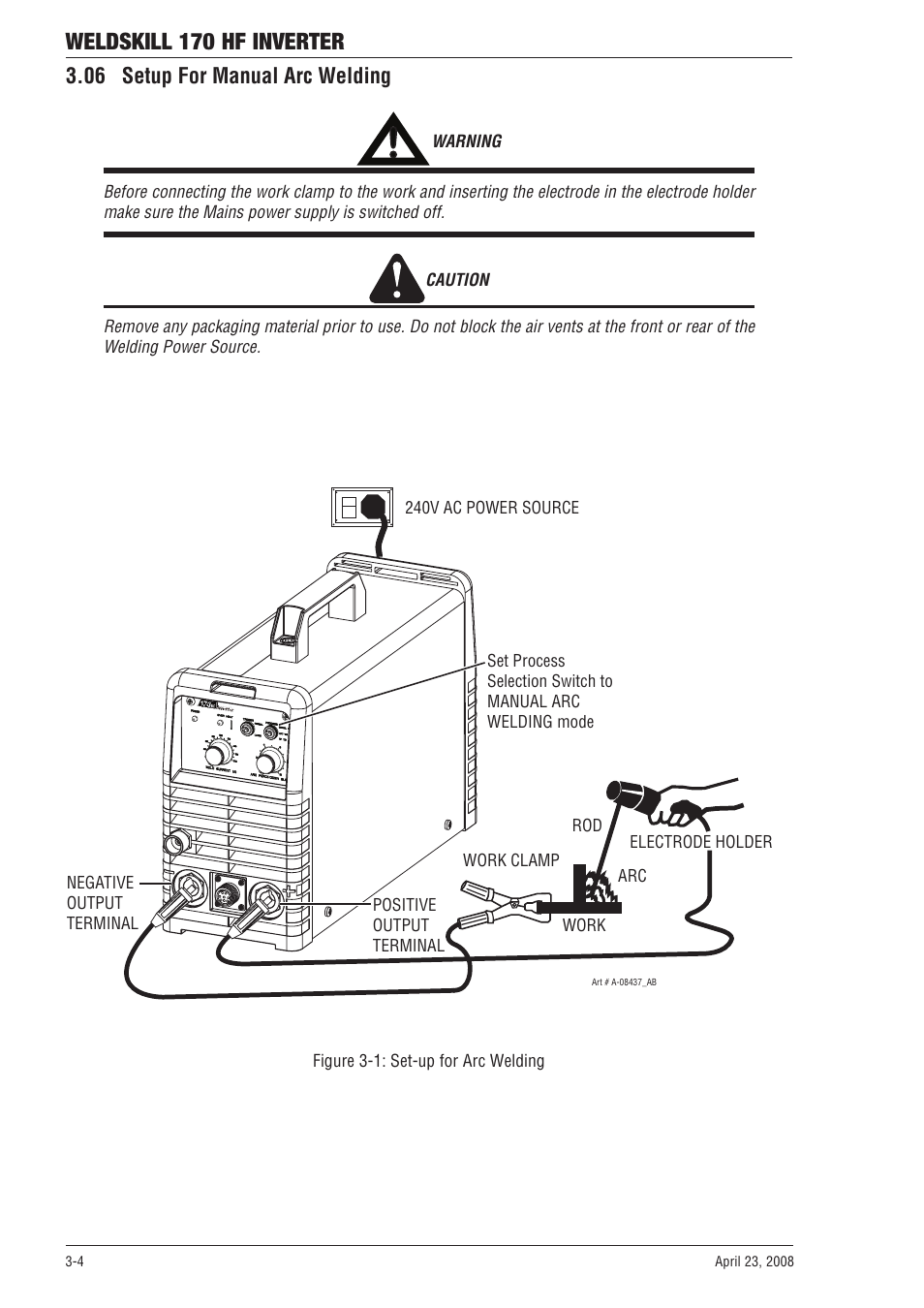 06 setup for manual arc welding, Weldskill 170 hf inverter | Tweco 170 HF Weldskill User Manual | Page 20 / 48