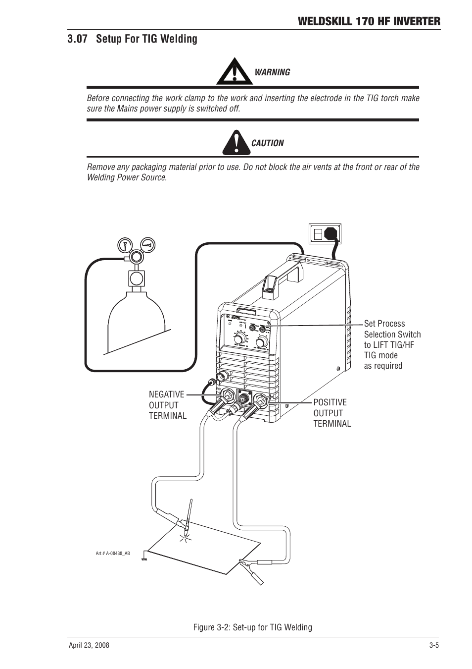 07 setup for tig welding, Weldskill 170 hf inverter | Tweco 170 HF Weldskill User Manual | Page 21 / 48