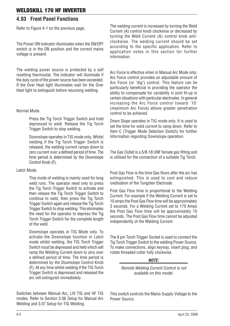 03 front panel functions, Weldskill 170 hf inverter | Tweco 170 HF Weldskill User Manual | Page 24 / 48