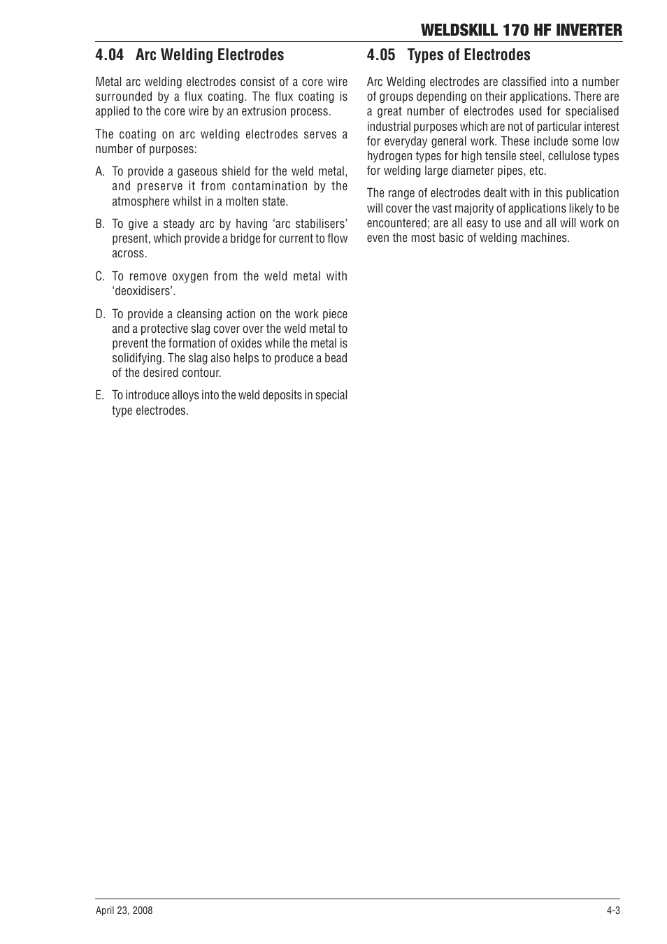 04 arc welding electrodes, 05 types of electrodes, Weldskill 170 hf inverter | Tweco 170 HF Weldskill User Manual | Page 25 / 48