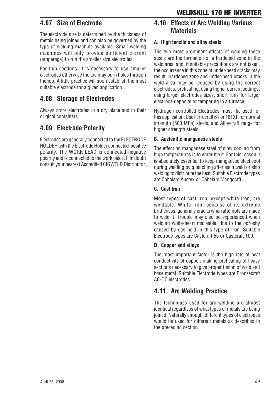 07 size of electrode, 08 storage of electrodes, 09 electrode polarity | 10 effects of arc welding various materials, 11 arc welding practice, Weldskill 170 hf inverter | Tweco 170 HF Weldskill User Manual | Page 27 / 48