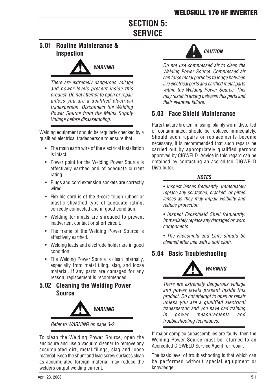 Section 5: service, 01 routine maintenance & inspection, 02 cleaning the welding power source | 03 face shield maintenance, 04 basic troubleshooting, Section 5, Service -1, Weldskill 170 hf inverter | Tweco 170 HF Weldskill User Manual | Page 37 / 48