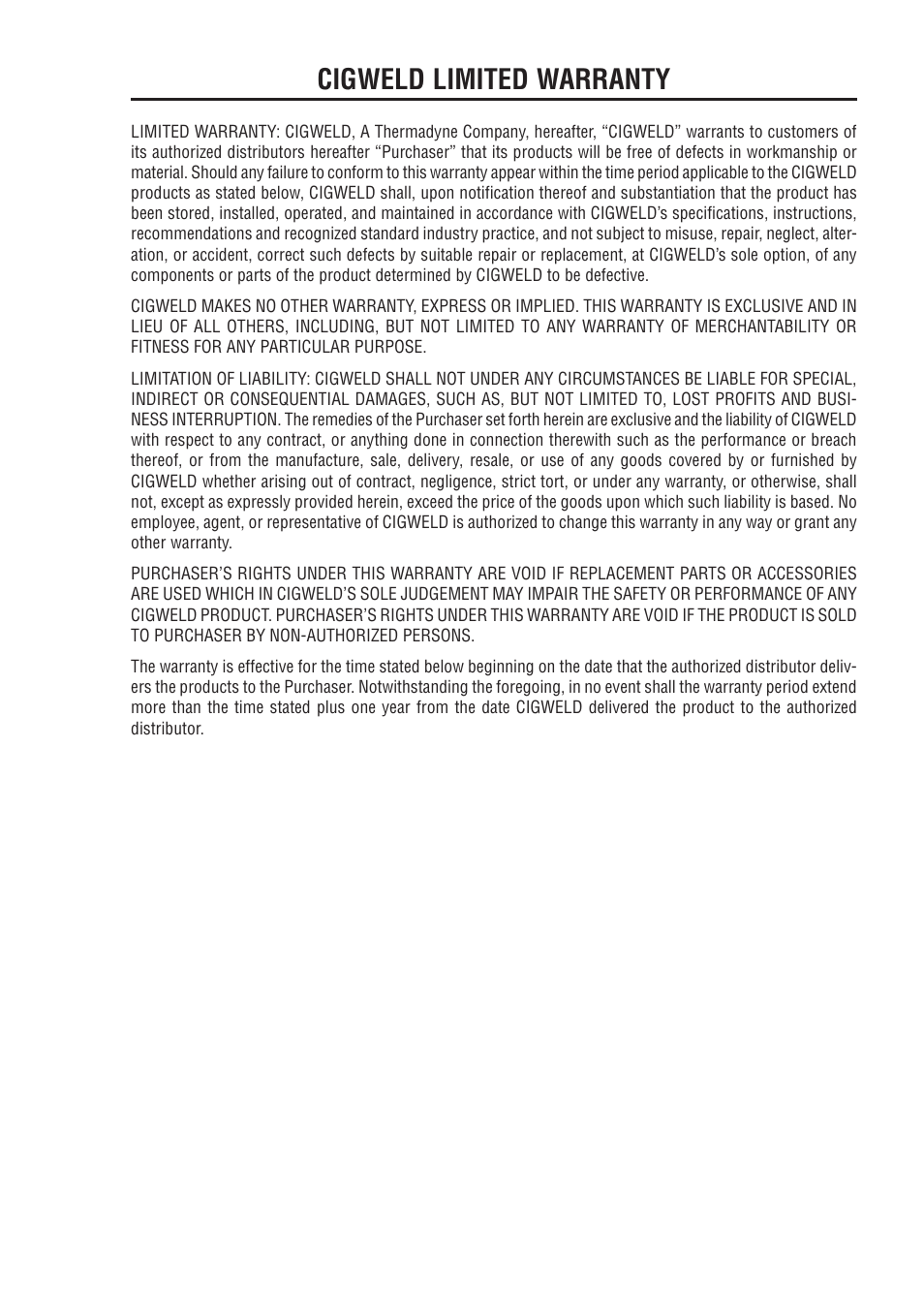 Cigweld limited warranty | Tweco 170 HF Weldskill User Manual | Page 43 / 48