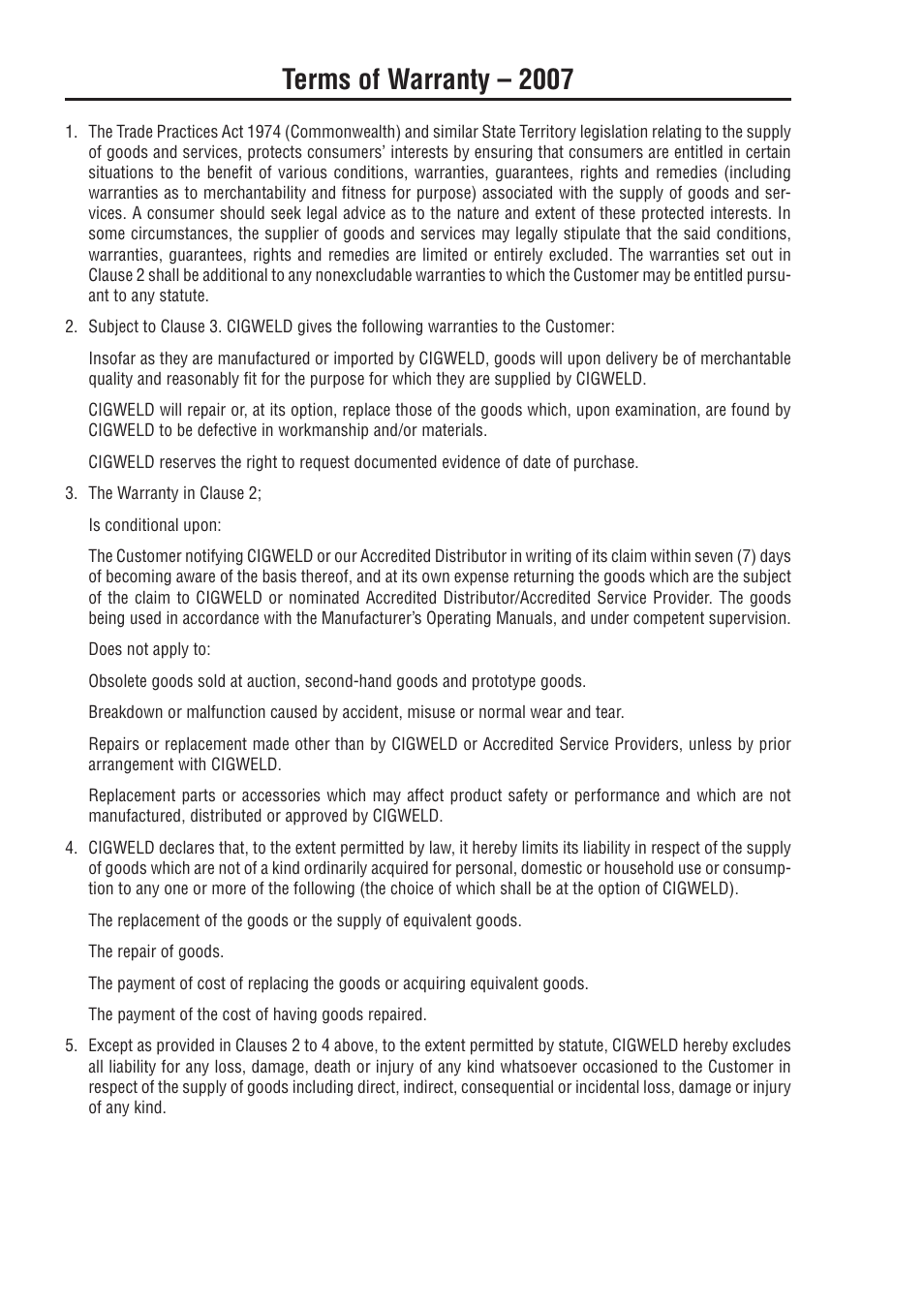 Terms of warranty – 2007 | Tweco 170 HF Weldskill User Manual | Page 44 / 48