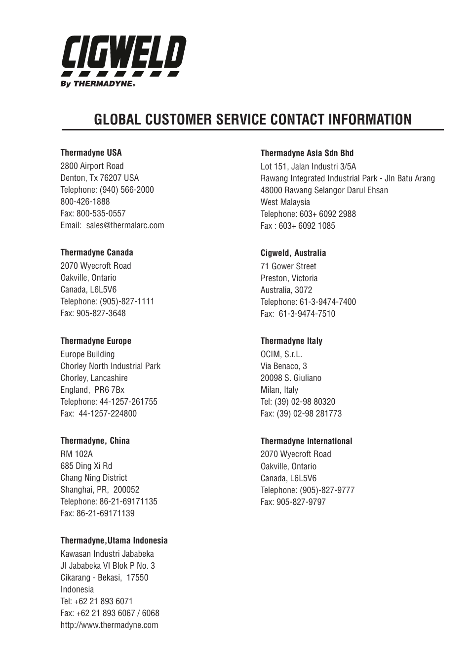 Global customer service contact information | Tweco 170 HF Weldskill User Manual | Page 47 / 48