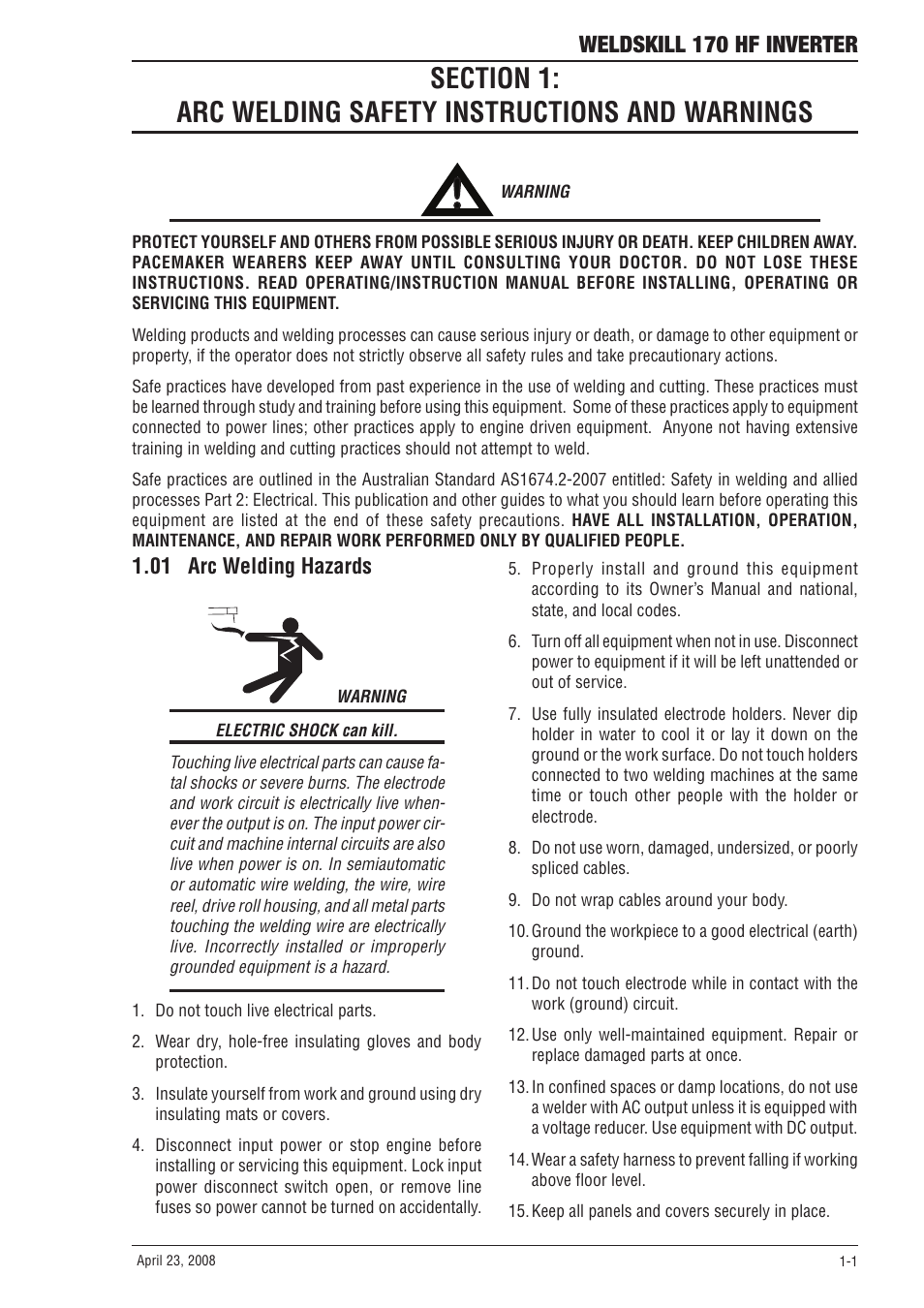 01 arc welding hazards, Section 1, Arc welding safety instructions and warnings -1 | 01 arc welding hazards -1, Weldskill 170 hf inverter | Tweco 170 HF Weldskill User Manual | Page 7 / 48