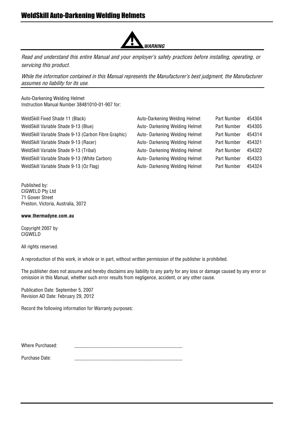 Weldskill auto-darkening welding helmets | Tweco Cigweld WeldSkill Auto Darkening Welding Helmets User Manual | Page 3 / 20