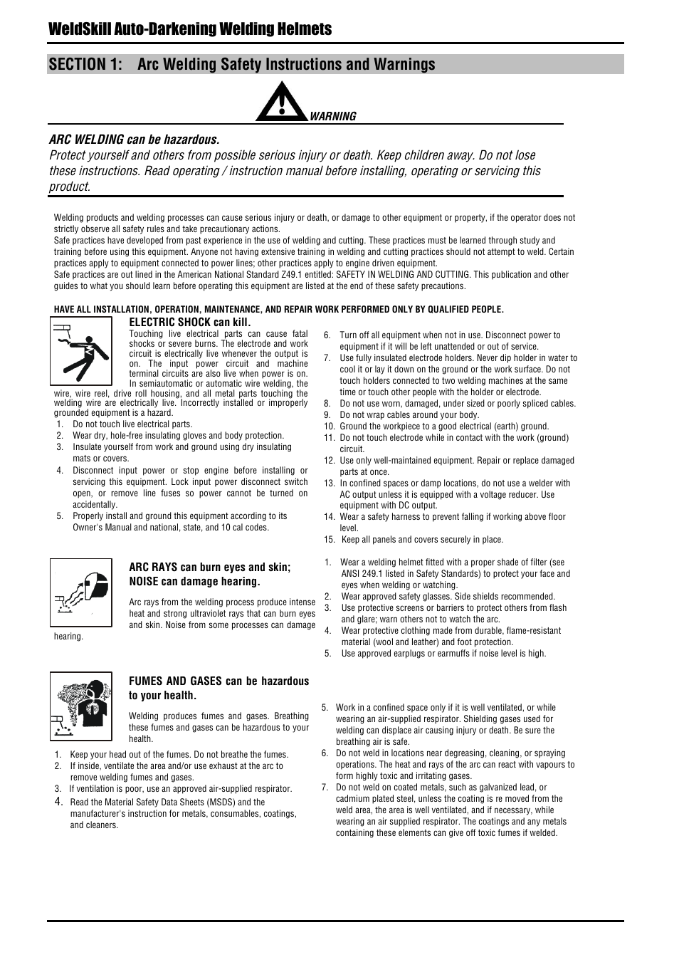 Section 1, Arc welding safety instructions and warnings, Weldskill auto-darkening welding helmets | Tweco Cigweld WeldSkill Auto Darkening Welding Helmets User Manual | Page 5 / 20