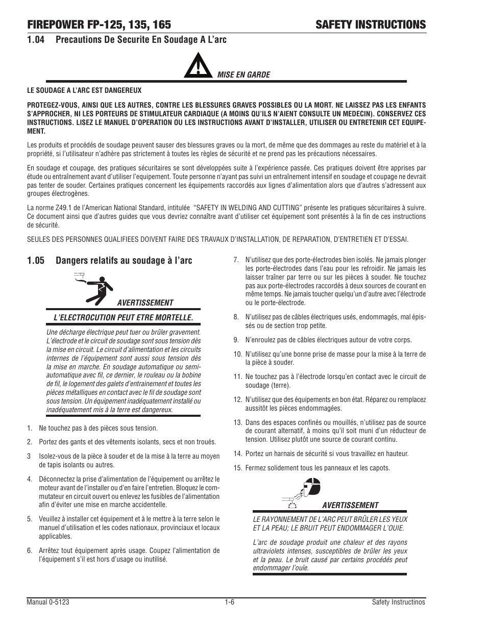 04 precautions de securite en soudage a l’arc, 05 dangers relatifs au soudage à l’arc, Precautions de securite en soudage a l’arc -6 | Dangers relatifs au soudage à l’arc -6 | Tweco FP-165 Mini MIG Portable MIG Welder User Manual | Page 11 / 60