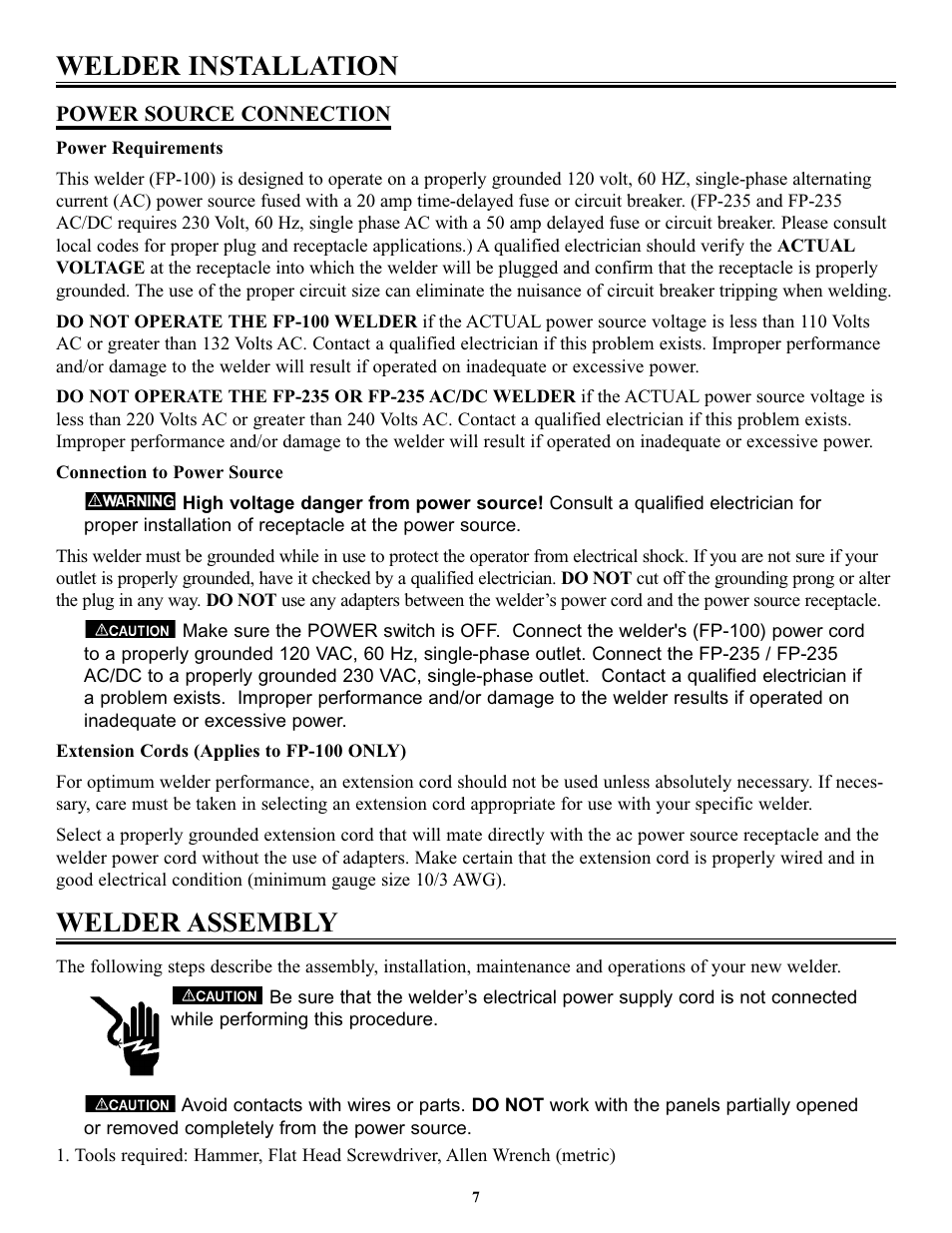 Welder installation, Welder assembly | Tweco FP-235DC User Manual | Page 11 / 34