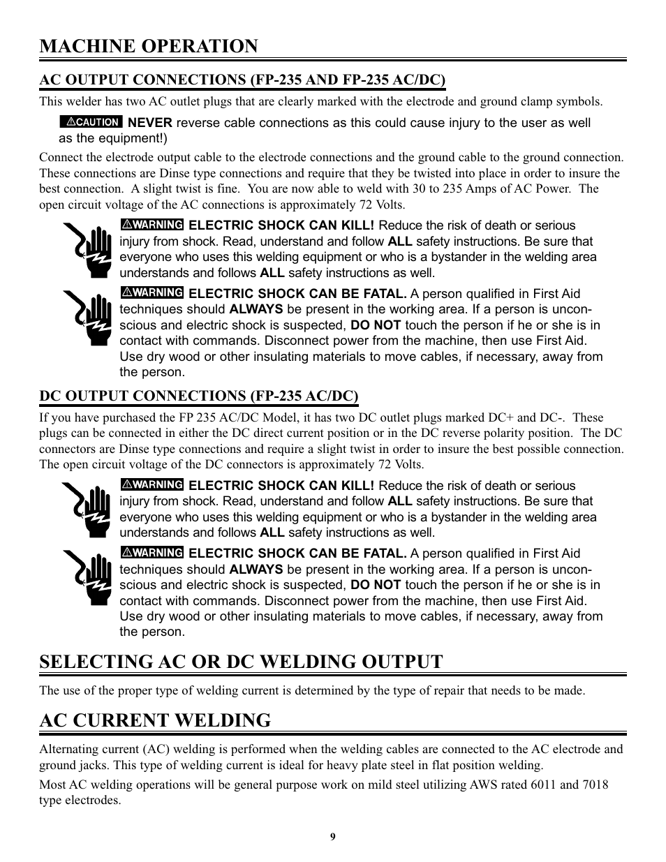 Machine operation, Selecting ac or dc welding output, Ac current welding | Tweco FP-235DC User Manual | Page 13 / 34