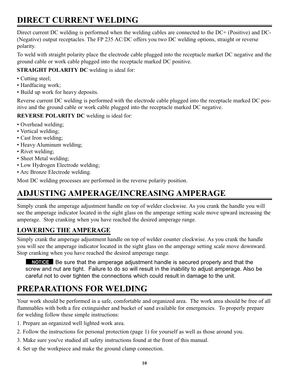 Direct current welding, Adjusting amperage/increasing amperage, Preparations for welding | Tweco FP-235DC User Manual | Page 14 / 34