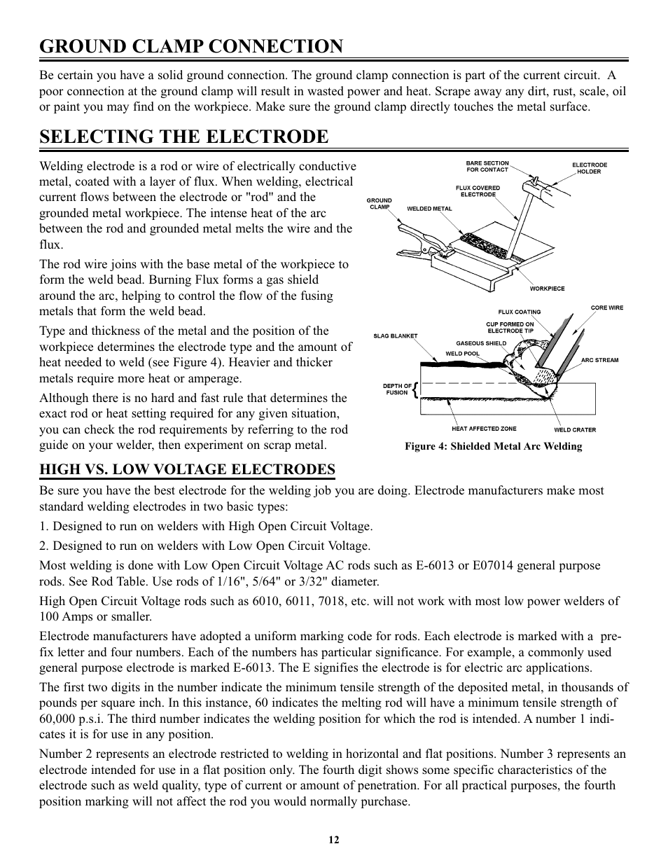 Ground clamp connection, Selecting the electrode | Tweco FP-235DC User Manual | Page 16 / 34