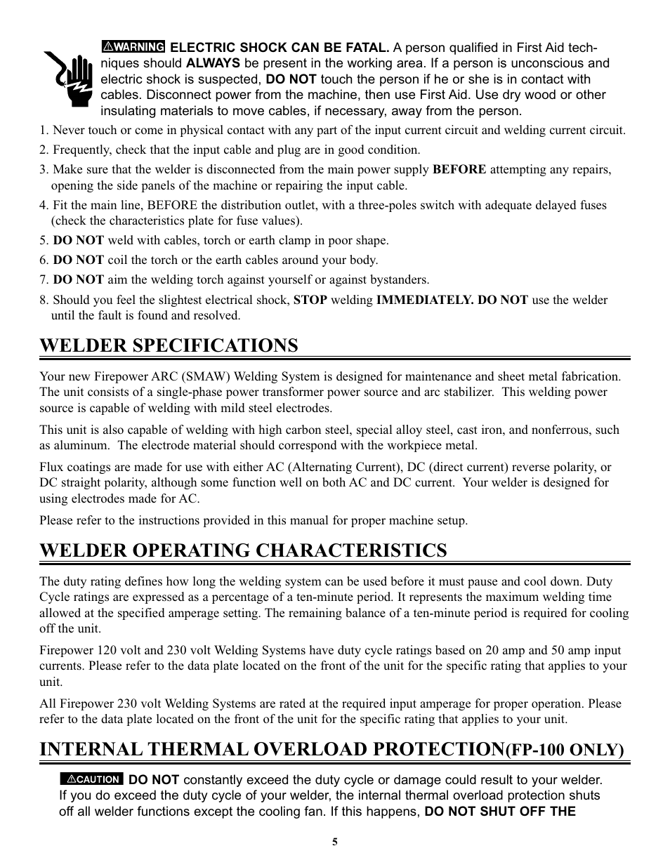 Welder specifications, Welder operating characteristics, Internal thermal overload protection | Fp-100 only) | Tweco FP-235DC User Manual | Page 9 / 34