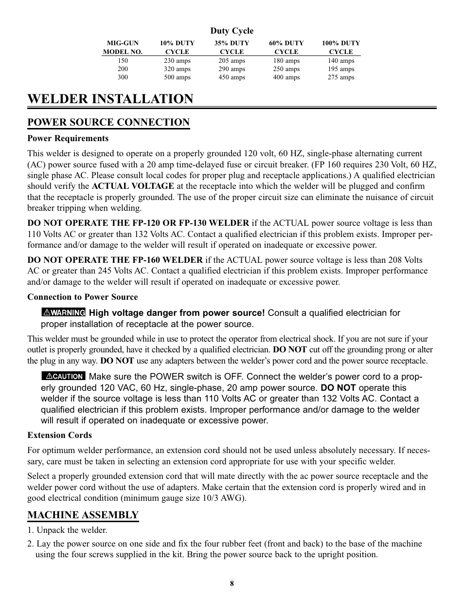 Welder installation, Power source connection, Machine assembly | Tweco FP-160 User Manual | Page 11 / 32