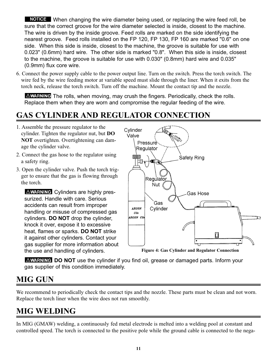 Gas cylinder and regulator connection, Mig gun, Mig welding | Tweco FP-160 User Manual | Page 14 / 32
