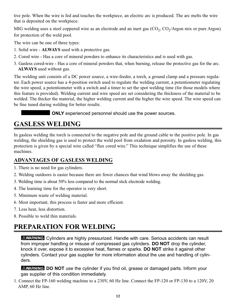 Gasless welding, Preparation for welding | Tweco FP-160 User Manual | Page 15 / 32