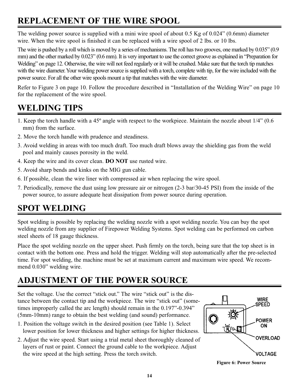 Replacement of the wire spool, Welding tips, Spot welding | Adjustment of the power source | Tweco FP-160 User Manual | Page 17 / 32