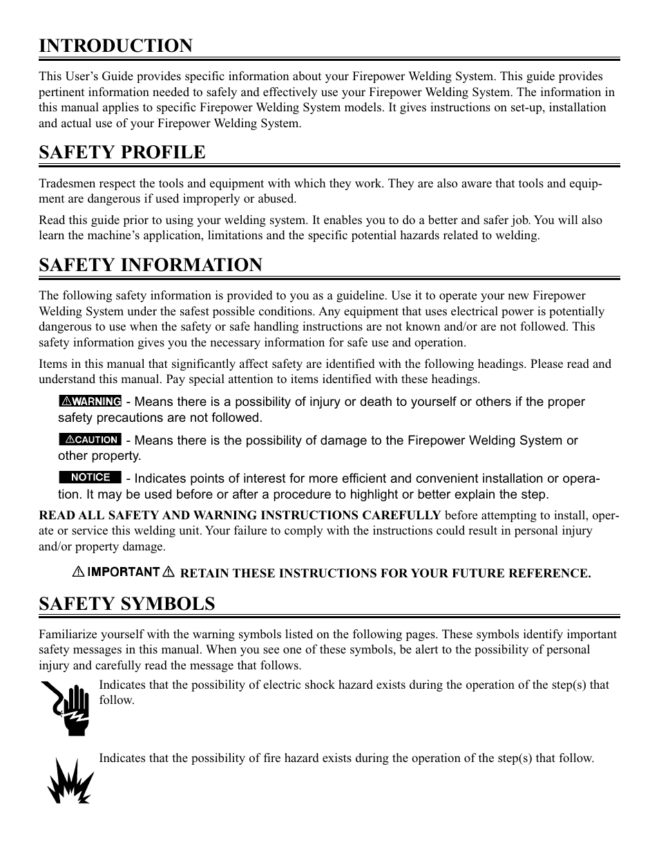 Introduction, Safety profile, Safety information | Safety symbols | Tweco FP-160 User Manual | Page 4 / 32