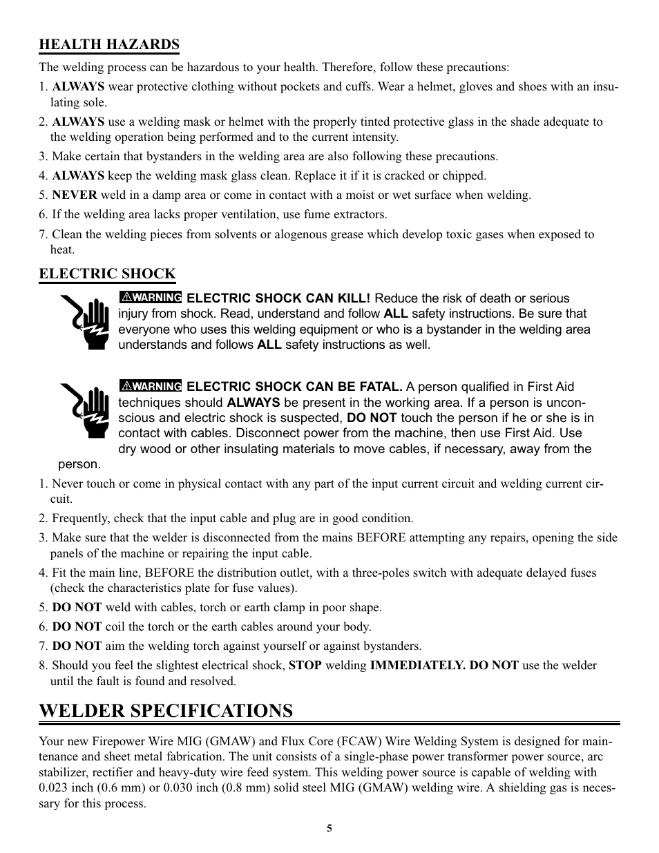 Welder specifications | Tweco FP-160 User Manual | Page 8 / 32