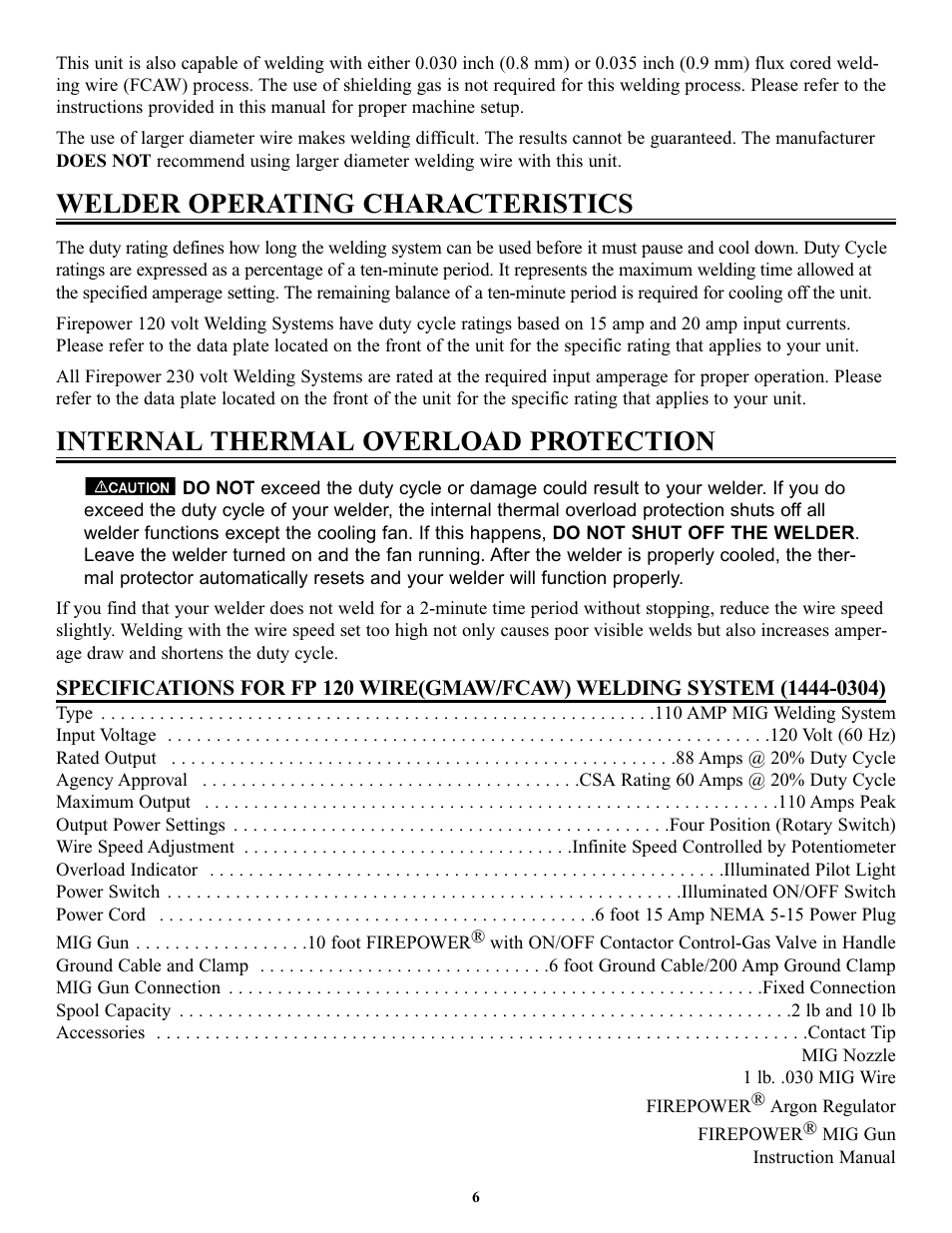 Welder operating characteristics, Internal thermal overload protection | Tweco FP-160 User Manual | Page 9 / 32