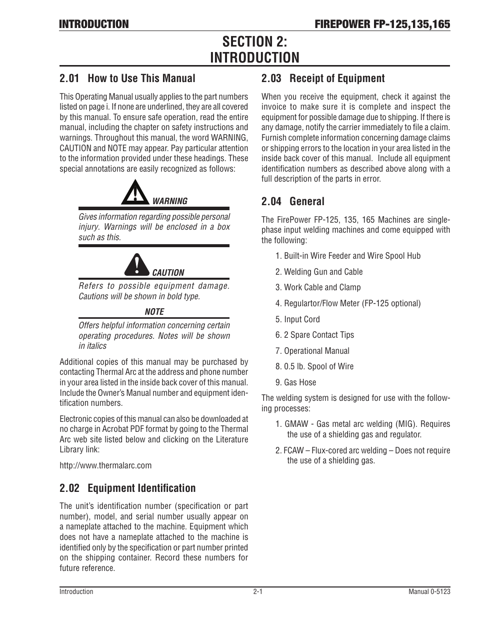 Section 2:introduction, 01 how to use this manual, 02 equipment identification | 03 receipt of equipment, 04 general, Section 2:introduction -1, How to use this manual -1, Equipment identification -1, Receipt of equipment -1, General -1 | Tweco FP-165 Mini MIG User Manual | Page 16 / 60