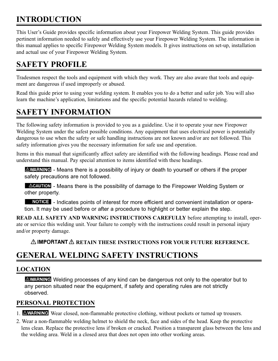 Introduction, Safety profile, Safety information | General welding safety instructions | Tweco FP-260 User Manual | Page 3 / 24