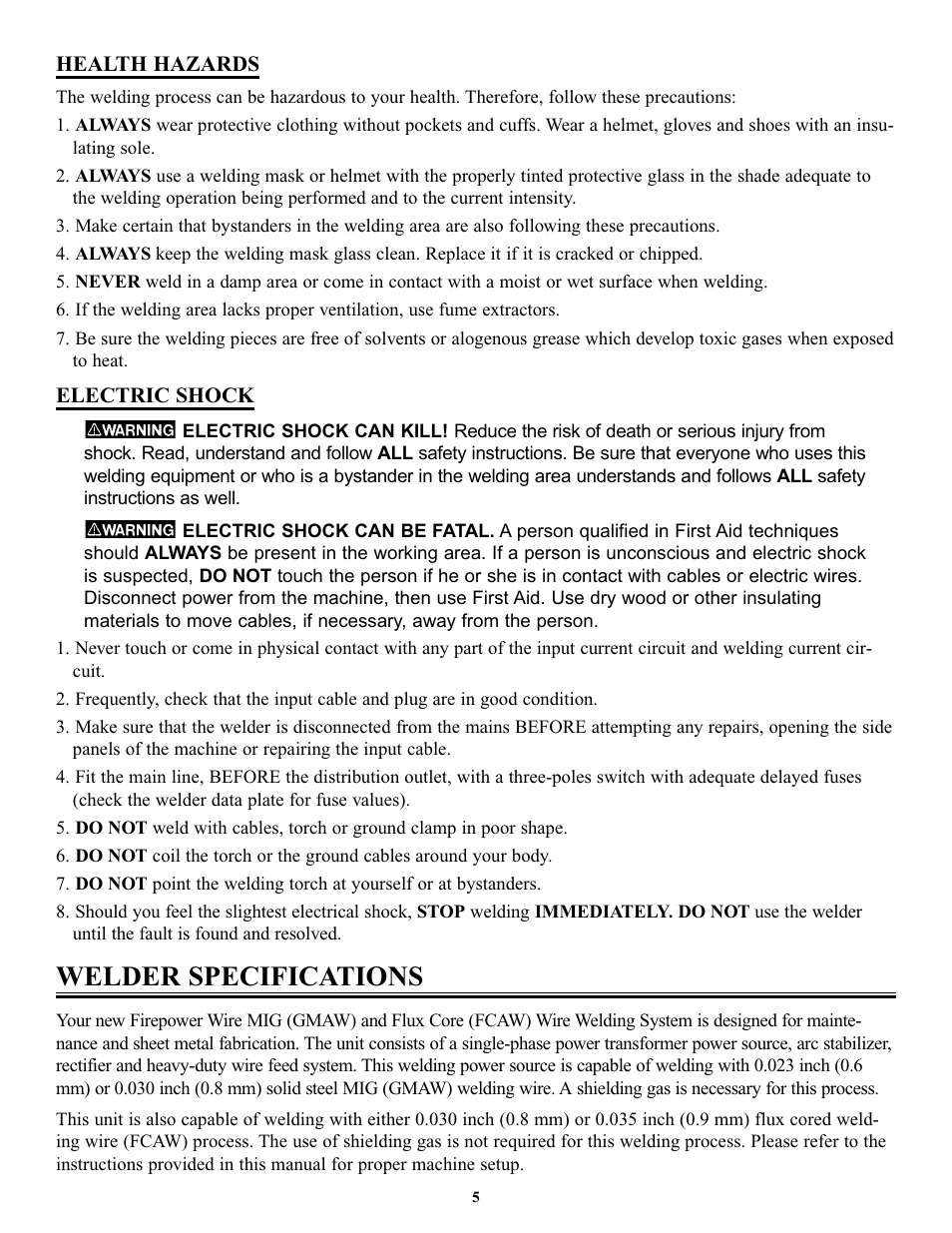 Welder specifications | Tweco FP-260 User Manual | Page 7 / 24