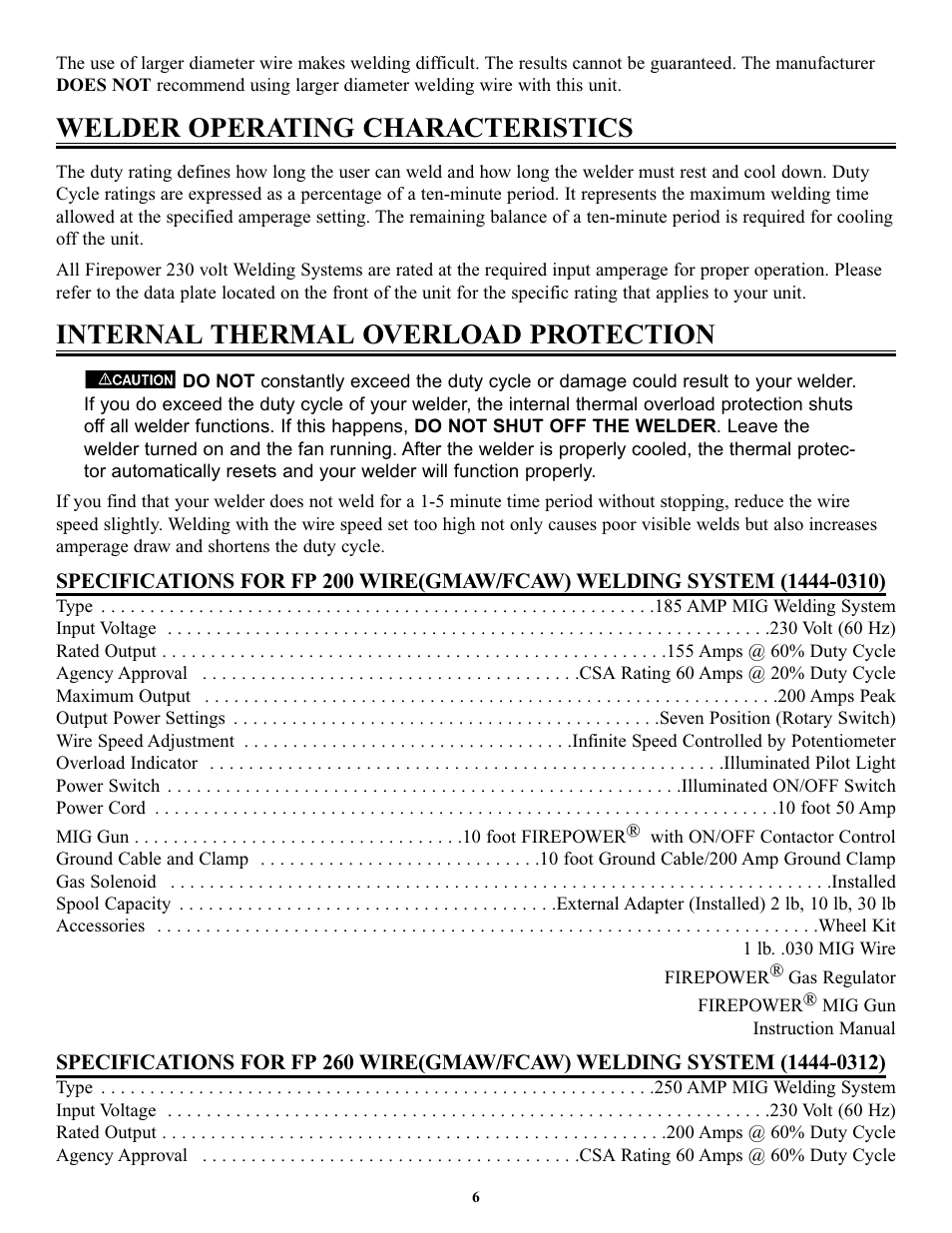 Welder operating characteristics, Internal thermal overload protection | Tweco FP-260 User Manual | Page 8 / 24