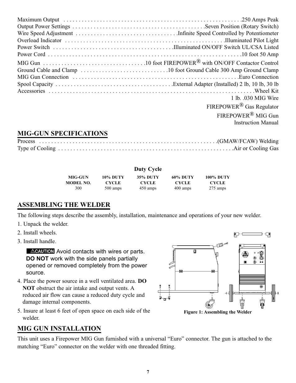 Mig-gun specifications, Assembling the welder, Mig gun installation | Tweco FP-260 User Manual | Page 9 / 24