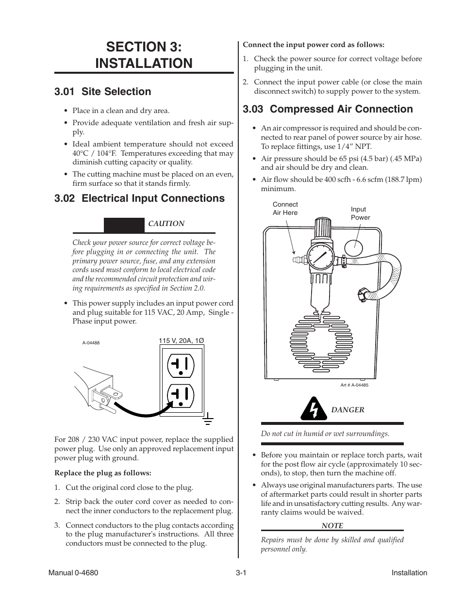 Section 3: installation, 01 site selection, 02 electrical input connections | 03 compressed air connection, Section 3, Installation -1 | Tweco FP-20A User Manual | Page 11 / 27