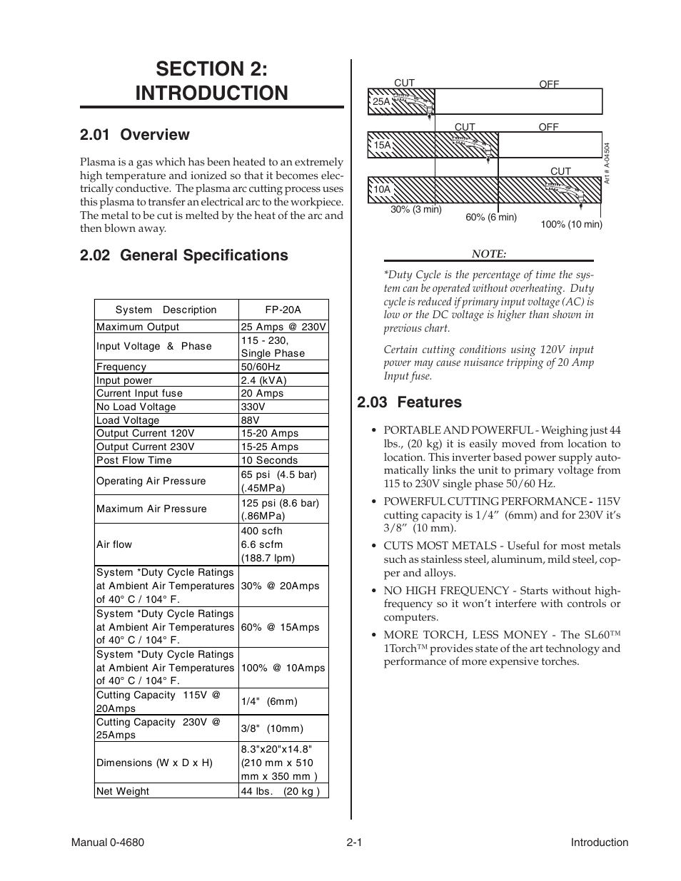 Section 2: introduction, 01 overview, 02 general specifications | 03 features, Section 2, Introduction -1 | Tweco FP-20A User Manual | Page 9 / 27