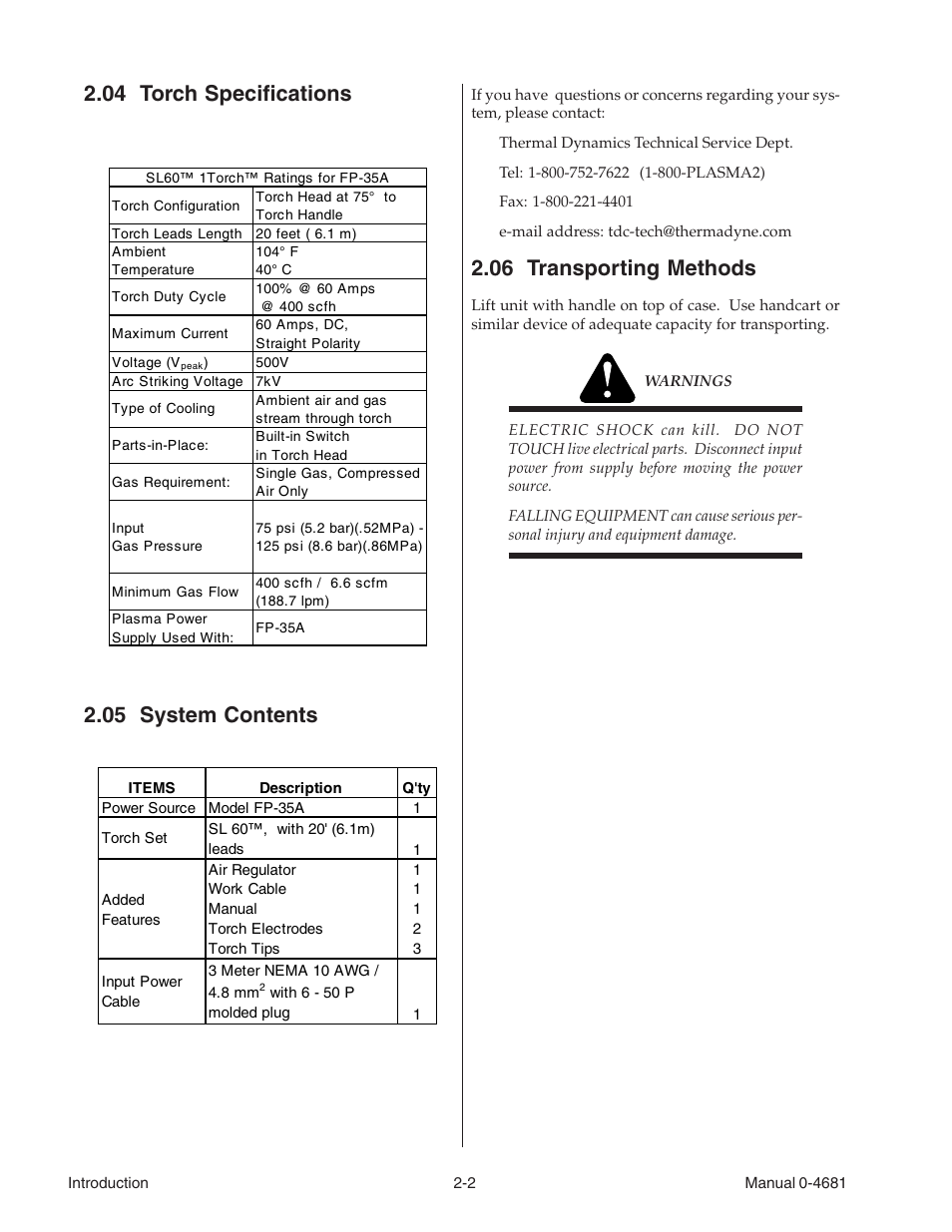 04 torch specifications, 05 system contents, 06 transporting methods | Tweco FP-35A User Manual | Page 10 / 27